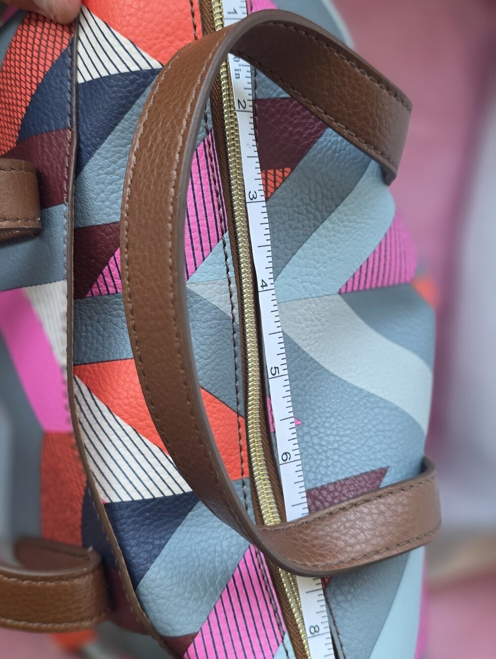Fossil Brown Tote with Pink, Blue and Cream Geometric Panels - Picture 8 of 16
